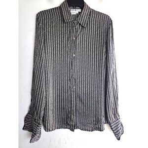Starington Women Black White Geometric Print 100% Silk Button Down Blouse sz 12